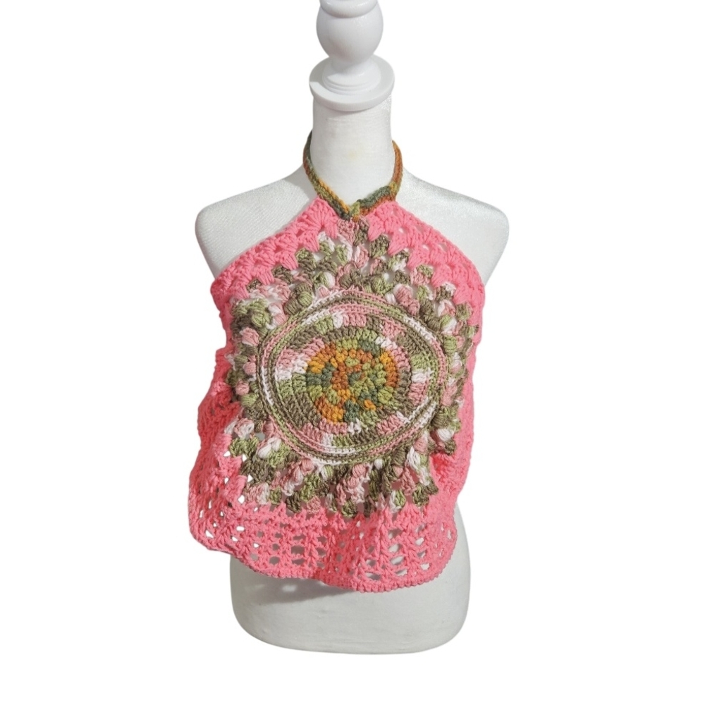 Handmade Crochet Halter Top Boho Camo Pink Green Swim Cover Up Top - Picture 4 of 17